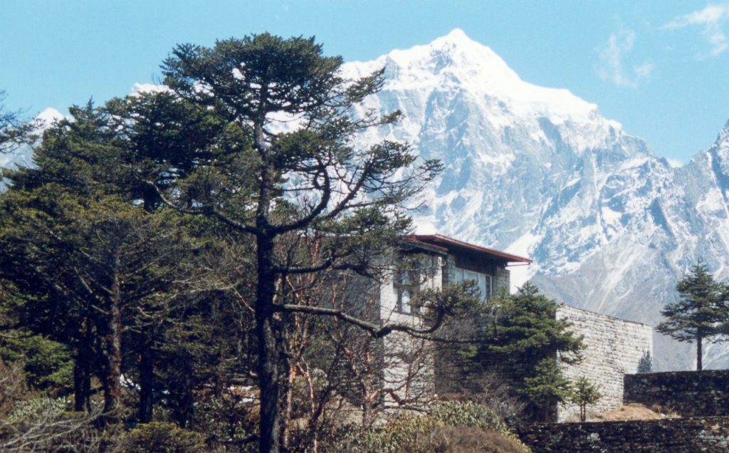 Hotel Everest View terrace overlooking Mount Everest and surrounding Himalayan peaks, offering a luxurious high-altitude experience.