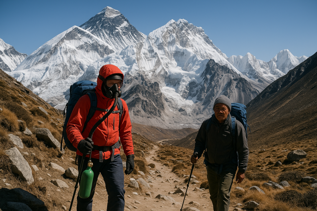 A trekker with an oxygen mask and Sherpa guide hike toward Mount Everest under a clear blue sky, showcasing the rugged Himalayan trail during a luxury trek with oxygen support.