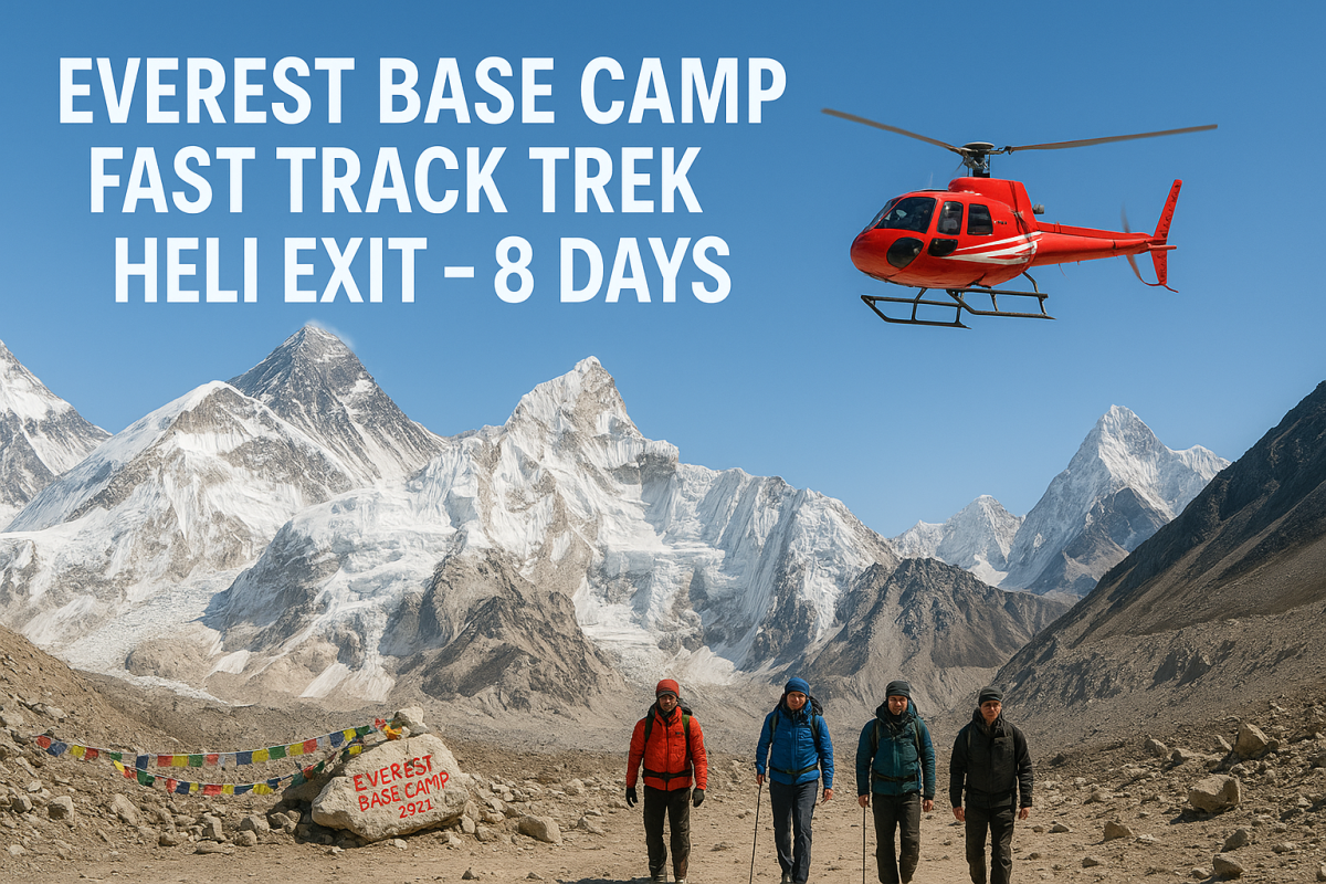 Trekkers walking toward Everest Base Camp with snow-covered Himalayan peaks in the background and a red helicopter flying above; large white text reads "Everest Base Camp Fast Track Trek Heli Exit – 8 Days" against a clear blue sky.